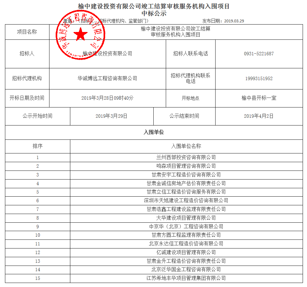 榆中建设投资有限公司竣工结算审核服务机构入围项目