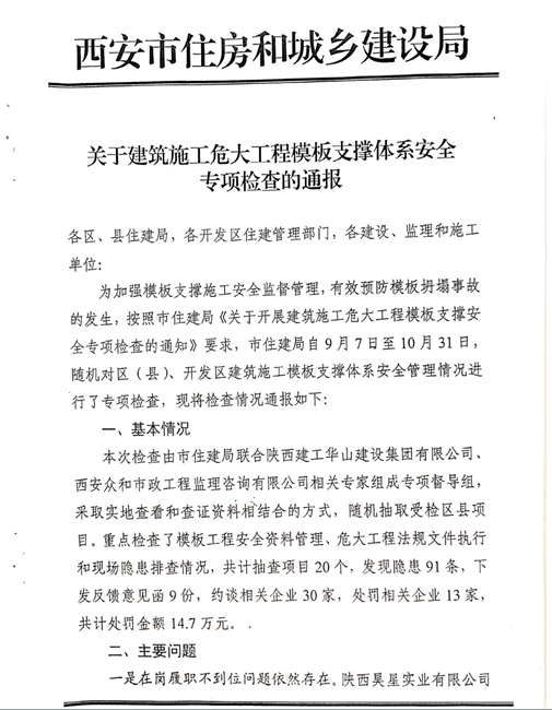 附件2：《关于建筑施工危大工程模板支撑体系安全专项检查的通报》